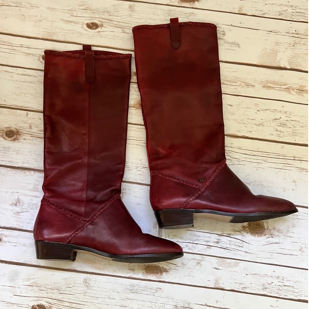 Etienne Aigner Knee High Boots Oxblood Red Braided Leather Vintage 8.5M